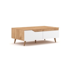 Table basse TRU 100 cm avec 1 tiroir et 1 niche, coloris chêne clair et blanc