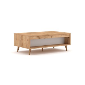 Table basse TRU 100 cm avec 1 tiroir et 1 niche, coloris chêne clair et blanc