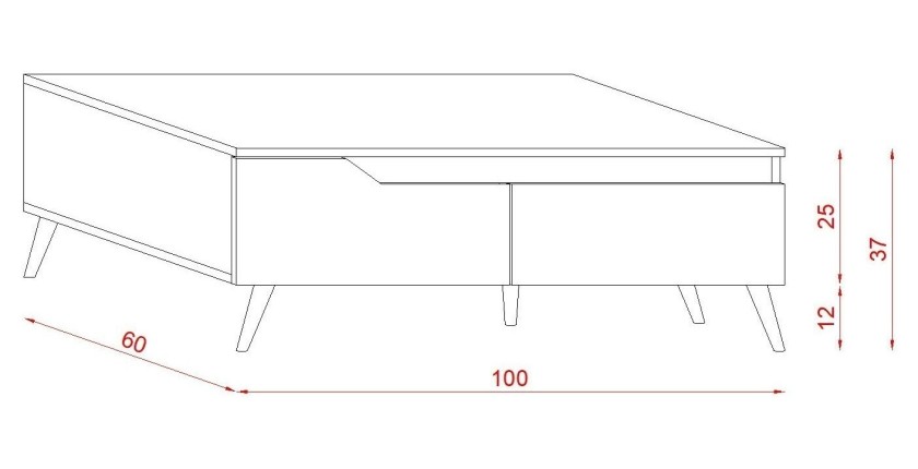 Table basse TRU 100 cm avec 1 tiroir et 1 niche, coloris chêne clair et blanc