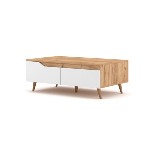 Table basse TRU 100 cm avec 1 tiroir et 1 niche, coloris chêne clair et blanc