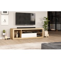 Meuble TV WHAT 140cm, 1 porte et 4 niches, coloris chêne clair