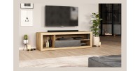 Meuble TV WHAT 140cm, 1 porte et 4 niches, coloris chêne clair et porte noir