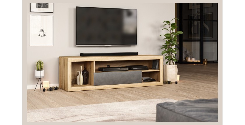 Meuble TV WHAT 140cm, 1 porte et 4 niches, coloris chêne clair et porte noir