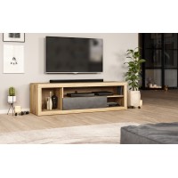 Meuble TV WHAT 140cm, 1 porte et 4 niches, coloris chêne clair et porte noir