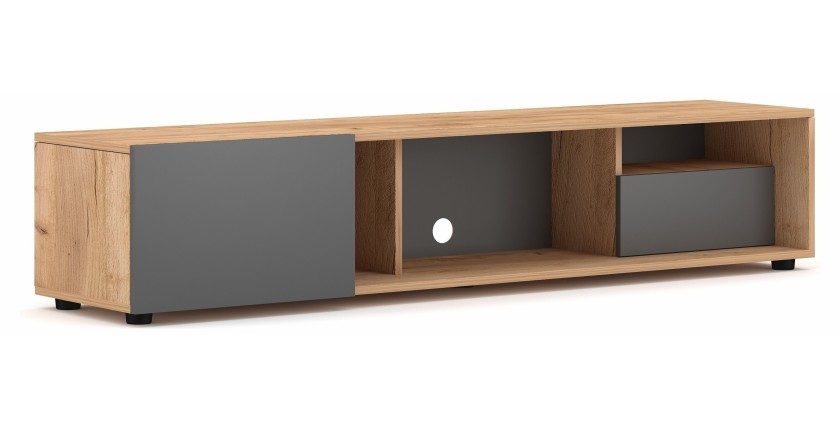 Meuble TV BRACA 160cm, 1 porte et 1 tiroir, coloris chêne clair et gris