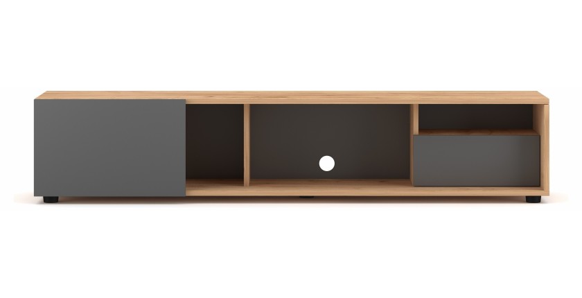 Meuble TV BRACA 160cm, 1 porte et 1 tiroir, coloris chêne clair et gris