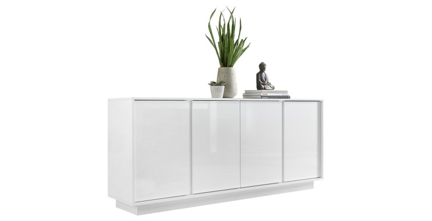 Buffet 4 portes, collection CREAM, coloris blanc laqué brillant, idéal pour un salon ou une salle à manger design