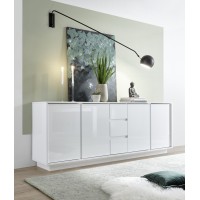 Buffet 4 portes et 3 tiroirs, collection CREAM, coloris blanc laqué brillant, idéal pour un salon ou une salle à manger design