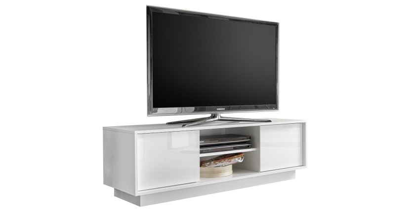 Meuble TV 2 portes, collection CREAM, coloris blanc laqué brillant, idéal pour votre salon tendance et moderne