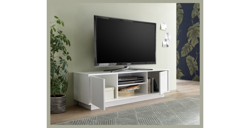 Meuble TV 2 portes, collection CREAM, coloris blanc laqué brillant, idéal pour votre salon tendance et moderne