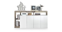 Buffet 4 portes collection BURA, coloris blanc laqué brillant et chêne clair, idéal pour un salon moderne et tendance.