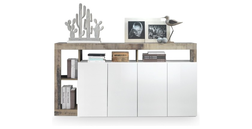 Buffet 4 portes collection BURA, coloris blanc laqué brillant et chêne clair, idéal pour un salon moderne et tendance.