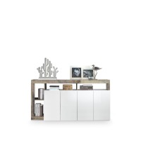 Buffet 4 portes collection BURA, coloris blanc laqué brillant et chêne clair, idéal pour un salon moderne et tendance.