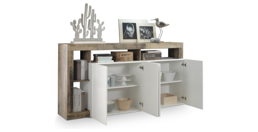 Buffet 4 portes collection BURA, coloris blanc laqué brillant et chêne clair, idéal pour un salon moderne et tendance.