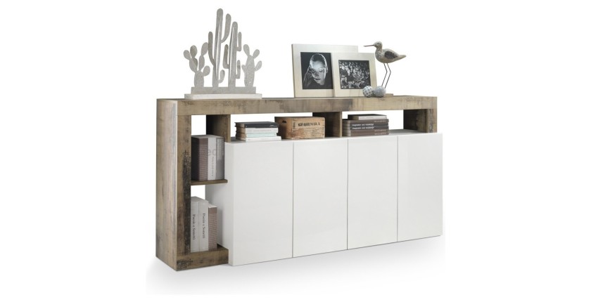 Buffet 4 portes collection BURA, coloris blanc laqué brillant et chêne clair, idéal pour un salon moderne et tendance.