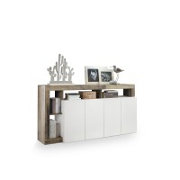 Buffet 4 portes collection BURA, coloris blanc laqué brillant et chêne clair, idéal pour un salon moderne et tendance.