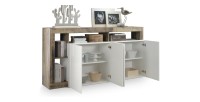 Buffet 4 portes collection BURA, coloris blanc laqué brillant et chêne clair, idéal pour un salon moderne et tendance.