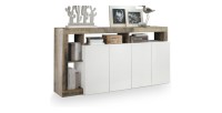 Buffet 4 portes collection BURA, coloris blanc laqué brillant et chêne clair, idéal pour un salon moderne et tendance.