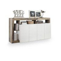 Buffet 4 portes collection BURA, coloris blanc laqué brillant et chêne clair, idéal pour un salon moderne et tendance.