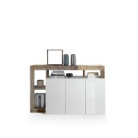 Buffet 3 portes collection BURA, coloris blanc laqué brillant et chêne clair