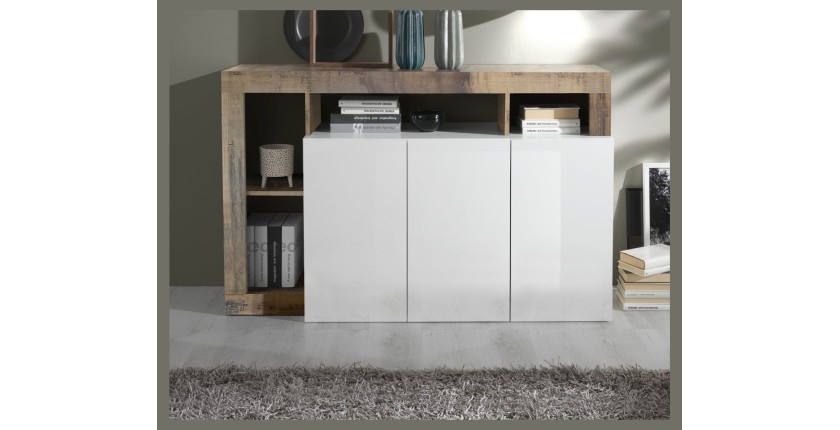 Buffet 3 portes collection BURA, coloris blanc laqué brillant et chêne clair