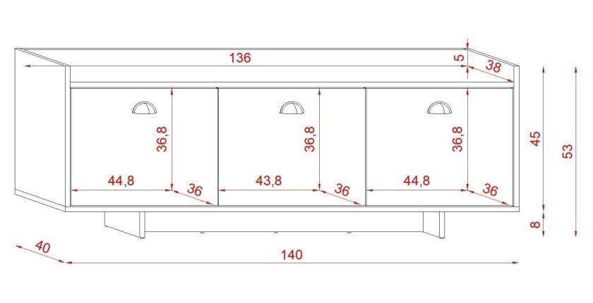 Meuble TV design VICTORIA 140 cm, 3 portes, coloris blanc