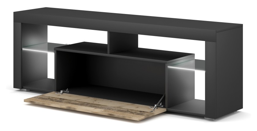 Meuble TV MONTBLANC 140cm, 1 porte abattante et 5 niches, coloris gris anthracite et porte couleur chêne