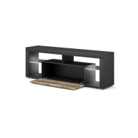 Meuble TV MONTBLANC 140cm, 1 porte abattante et 5 niches, coloris gris anthracite et porte couleur chêne