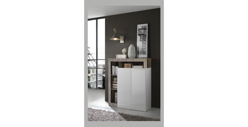 Buffet haut 2 portes, collection BURA, coloris blanc brillant laqué et chêne clair