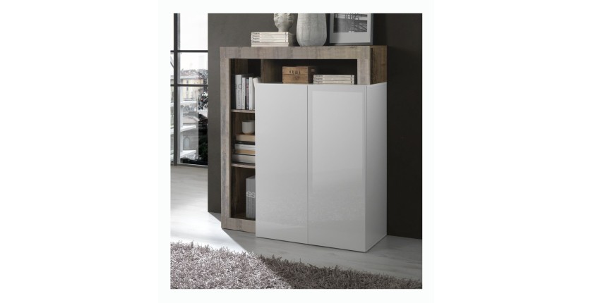 Buffet haut 2 portes, collection BURA, coloris blanc brillant laqué et chêne clair