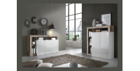 Buffet haut 2 portes, collection BURA, coloris blanc brillant laqué et chêne clair