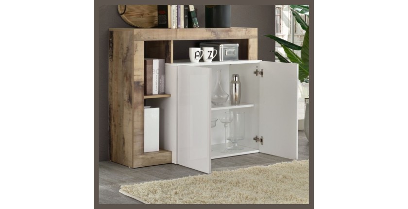 Buffet 2 portes collection BURA, coloris blanc laqué brillant et chêne clair