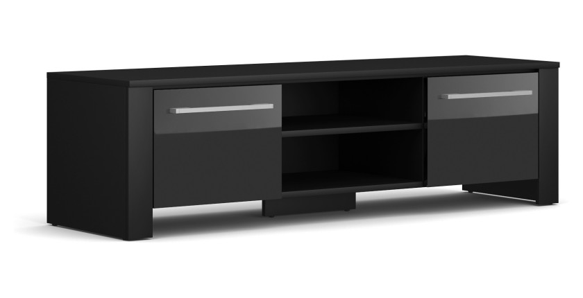 Meuble TV design MANHATTAN 140 cm à 2 portes et 1 niche coloris noir brillant