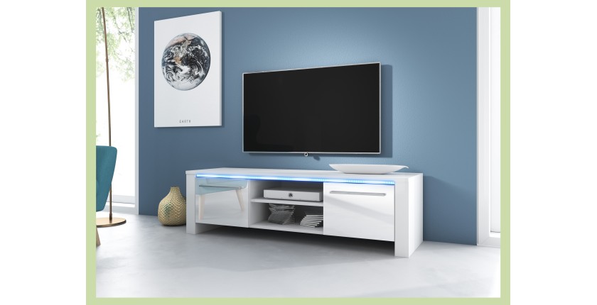 Meuble TV design MANHATTAN 140 cm à 2 portes et 1 niche coloris blanc brillant