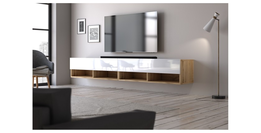 Meuble TV suspendu design CLUJ, 200 cm, couleur chêne clair et blanc brillant