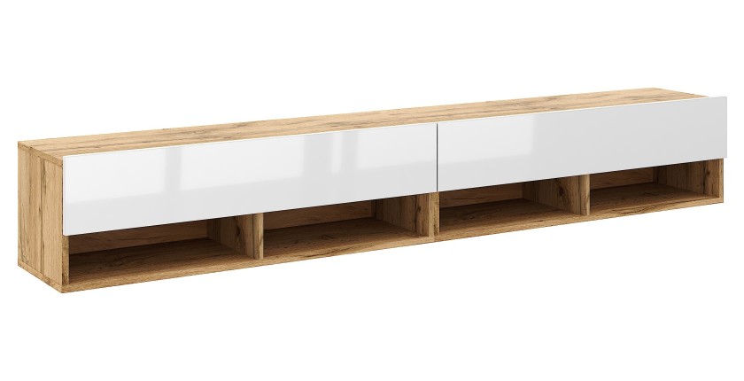 Meuble TV suspendu design CLUJ, 200 cm, couleur chêne clair et blanc brillant