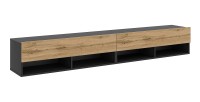 Meuble TV suspendu design CLUJ, 200 cm, 2 portes et 4 niches, coloris noir et porte chêne clair
