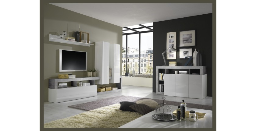 Ensemble de meubles de salon design avec nombreux rangements collection BURA. Coloris blanc laqué et gris effet béton