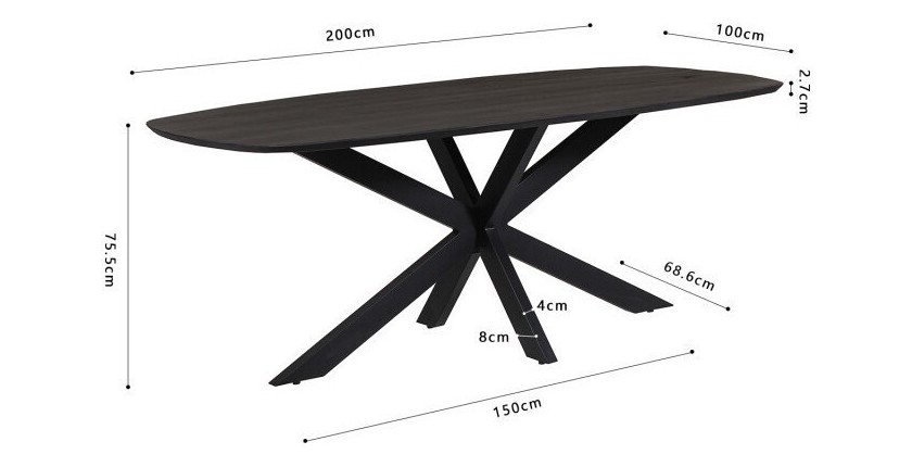 Table à manger BELLA longueur 200cm en bois brut exotique mangolia noir