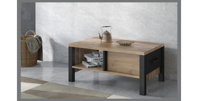 Table basse design collection DARWIN avec un tiroir et une niche. Couleur épicéa et noir.