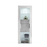 Vitrine design, porte avec vitres, étagères en verre, collection JET, coloris blanc laqué brillant et gris aspect béton
