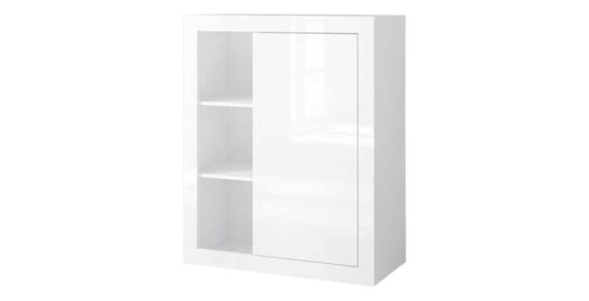 Bibliothèque design petit modèle avec une porte et niches apparentes coloris blanc brillant collection ONYXIA.