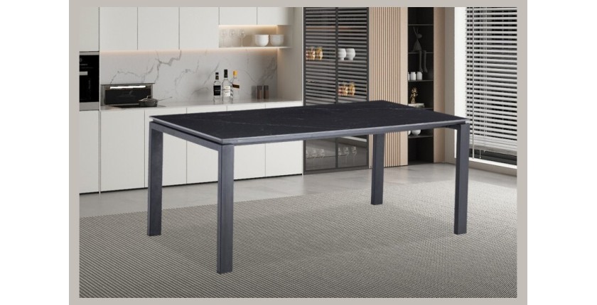 Table à manger ATHENA longueur 180cm avec plateau de 12mm en pierre effet marbre noir