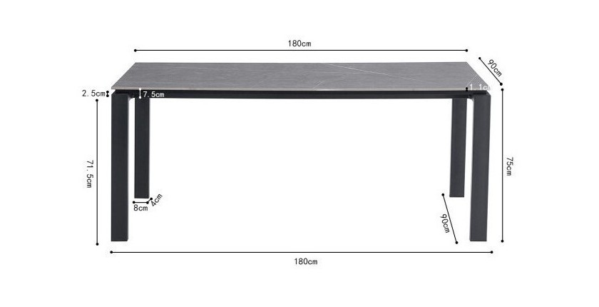 Table à manger ATHENA longueur 180cm avec plateau de 12mm en pierre effet marbre gris