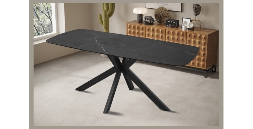 Table à manger VINCI longueur 180cm avec plateau de 10mm en pierre effet marbre noir