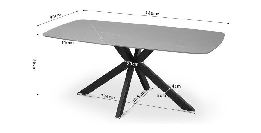 Table à manger VINCI longueur 180cm avec plateau de 10mm en pierre effet marbre gris