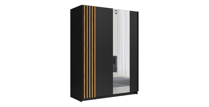 Armoire design 150cm coloris noir et chêne collection VARIA. Deux portes coulissantes. Dressing complet avec miroir.