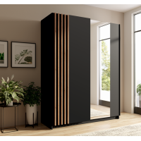 Armoire design 150cm coloris noir et chêne collection VARIA. Deux portes coulissantes. Dressing complet avec miroir.