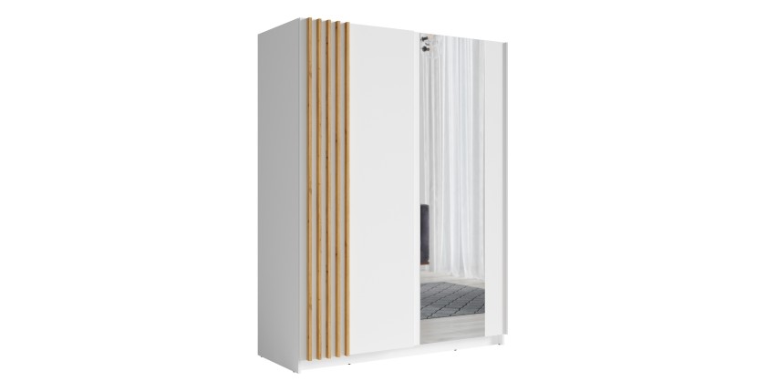 Armoire design 150cm coloris blanc et chêne collection VARIA. Deux portes coulissantes. Dressing complet avec miroir.