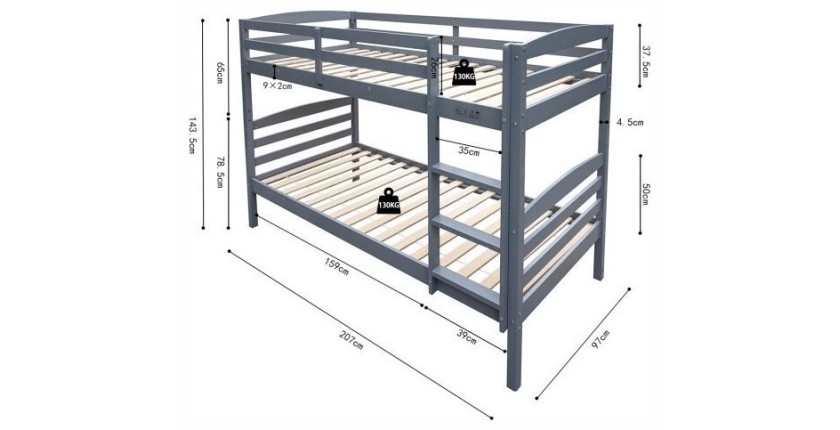 Lit en bois superposé évolutif 90x200 cm Roy, coloris gris